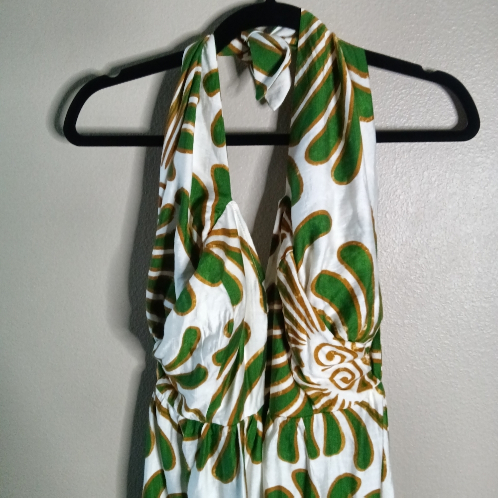 Aakaa Halter Maxi Dress Green & Brown Palm Print Spaghetti Straps Size S NWT - Picture 2 of 15